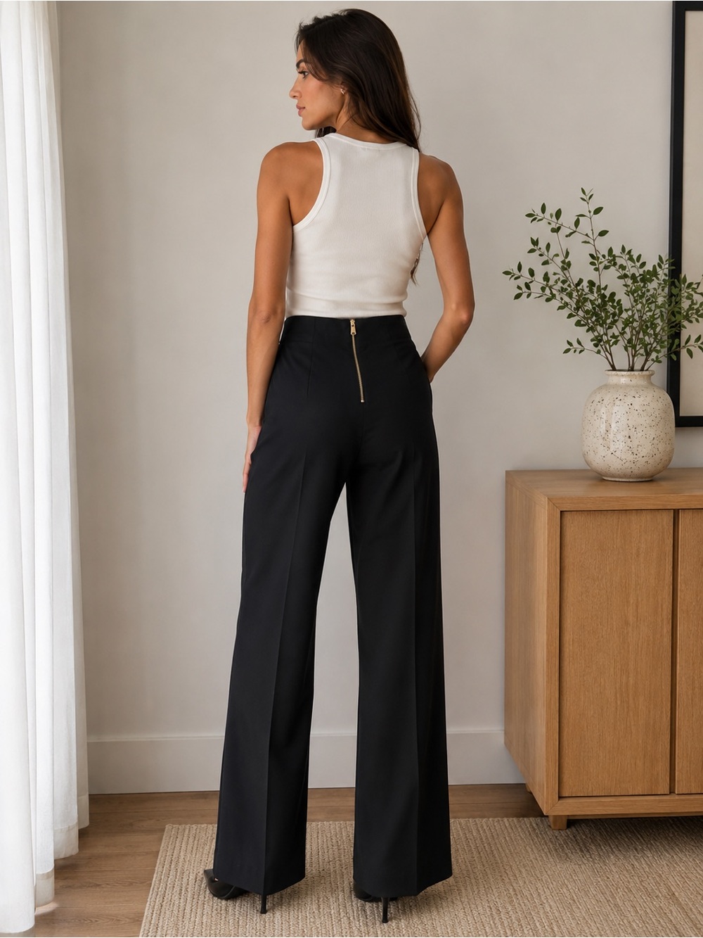 NWT Zara Black High-Waist Wide-Leg Trousers with Gold Zip size L.